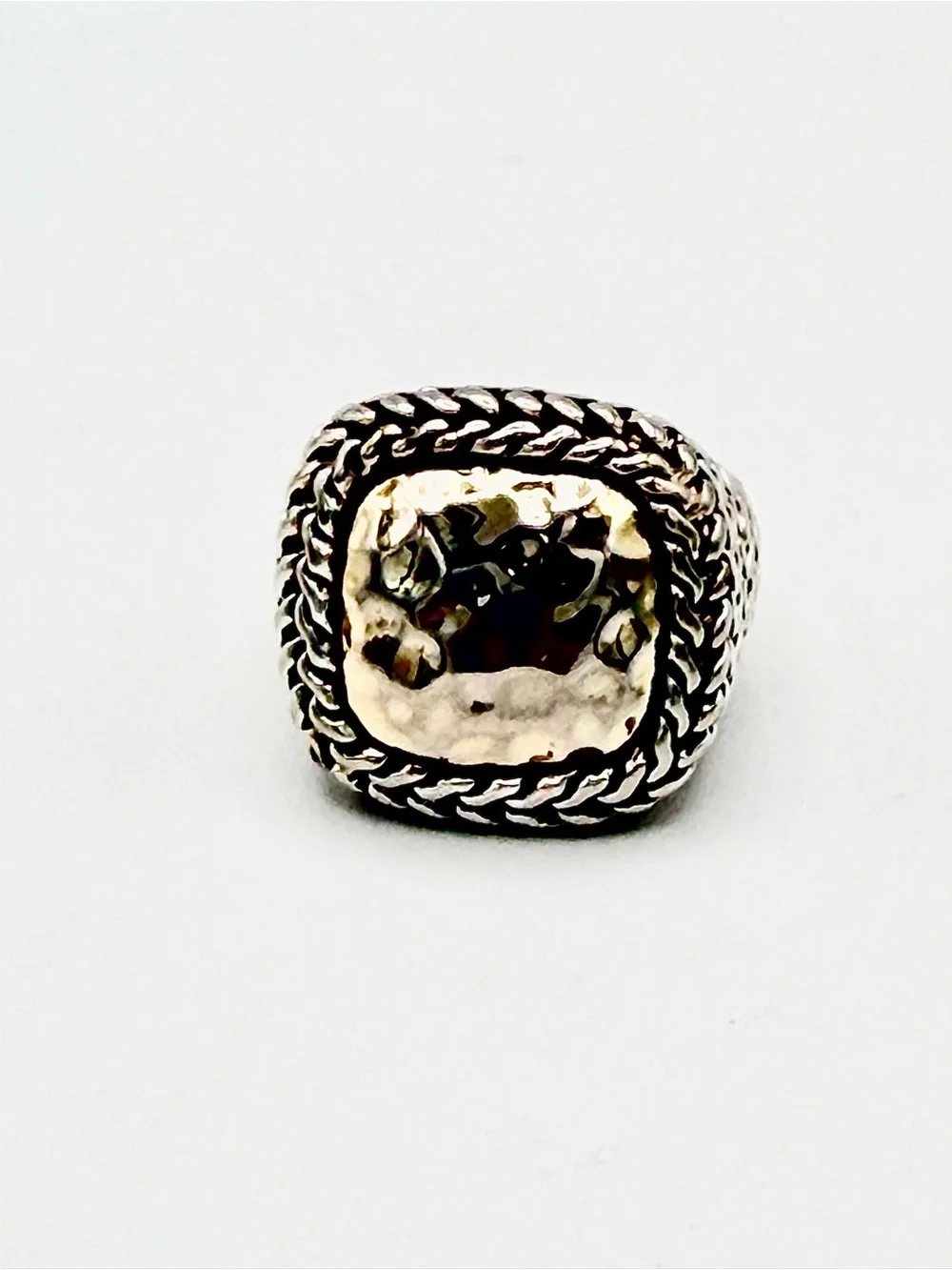 Vintage Hammered Sterling & Gold Vermeil Braided Rope Setting & Sides Ring